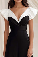 Load image into Gallery viewer, Black White A Line V-Neck Satin Long Formal Dress with Short Sleeves