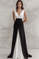 Load image into Gallery viewer, Black White A Line Satin V-Neck Ruched Long Formal Dress
