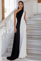 Load image into Gallery viewer, Black White Sheath One Shoulder Long Formal Dress