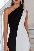 Load image into Gallery viewer, Black White Sheath One Shoulder Long Formal Dress