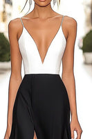 Load image into Gallery viewer, Black White A Line Spaghetti Straps Satin Long Formal Dress with Slit