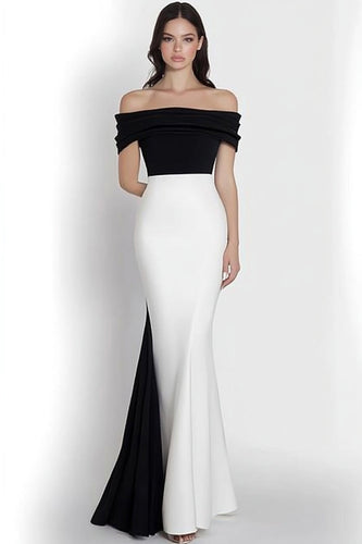 Black and White Satin Off the Shoulder Mermaid Formal Dress