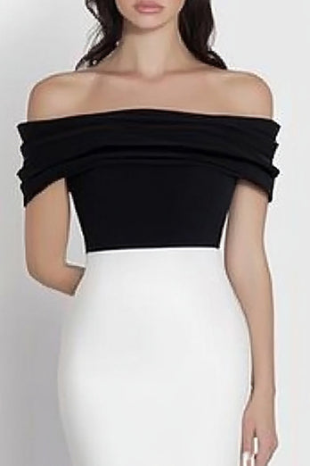 Black and White Satin Off the Shoulder Mermaid Formal Dress