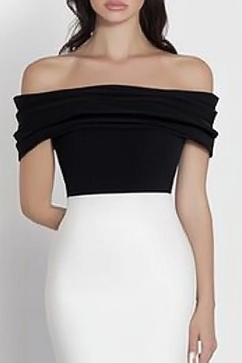Load image into Gallery viewer, Black and White Satin Off the Shoulder Mermaid Formal Dress