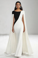 Load image into Gallery viewer, Black White Sheath Boat Neck Long Formal Dress with Cape