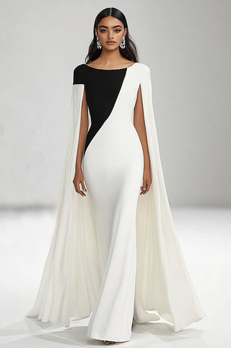 Black White Sheath Boat Neck Long Formal Dress with Cape