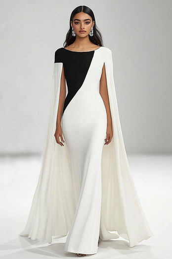 Black White Sheath Boat Neck Long Formal Dress with Cape