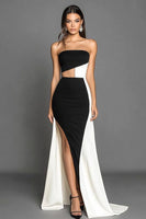 Load image into Gallery viewer, Black White Sheath Strapless Satin Long Formal Dress with Slit
