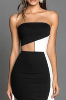 Load image into Gallery viewer, Black White Sheath Strapless Satin Long Formal Dress with Slit