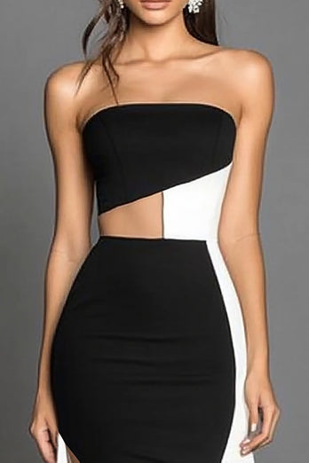 Black White Sheath Strapless Satin Long Formal Dress with Slit
