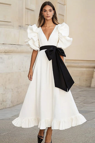White and Black Satin A Line Long Formal Dress with Bow