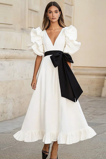 White and Black Satin A Line Long Formal Dress with Bow