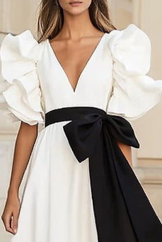 White and Black Satin A Line Long Formal Dress with Bow