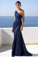 Load image into Gallery viewer, Navy One Shoulder Mermaid Ruched Long Formal Dress