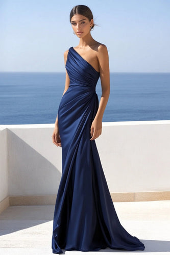 Navy One Shoulder Mermaid Ruched Long Formal Dress