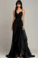 Load image into Gallery viewer, Dark Brown Spaghetti Straps Ruffled A Line Long Formal Dress