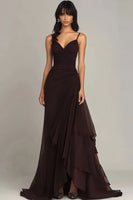 Load image into Gallery viewer, Dark Brown Spaghetti Straps Ruffled A Line Long Formal Dress
