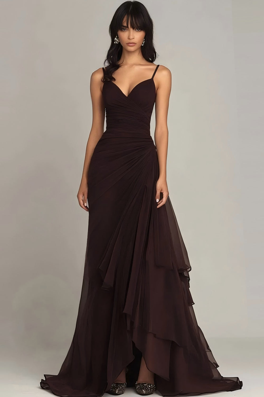Dark Brown Spaghetti Straps Ruffled A Line Long Formal Dress