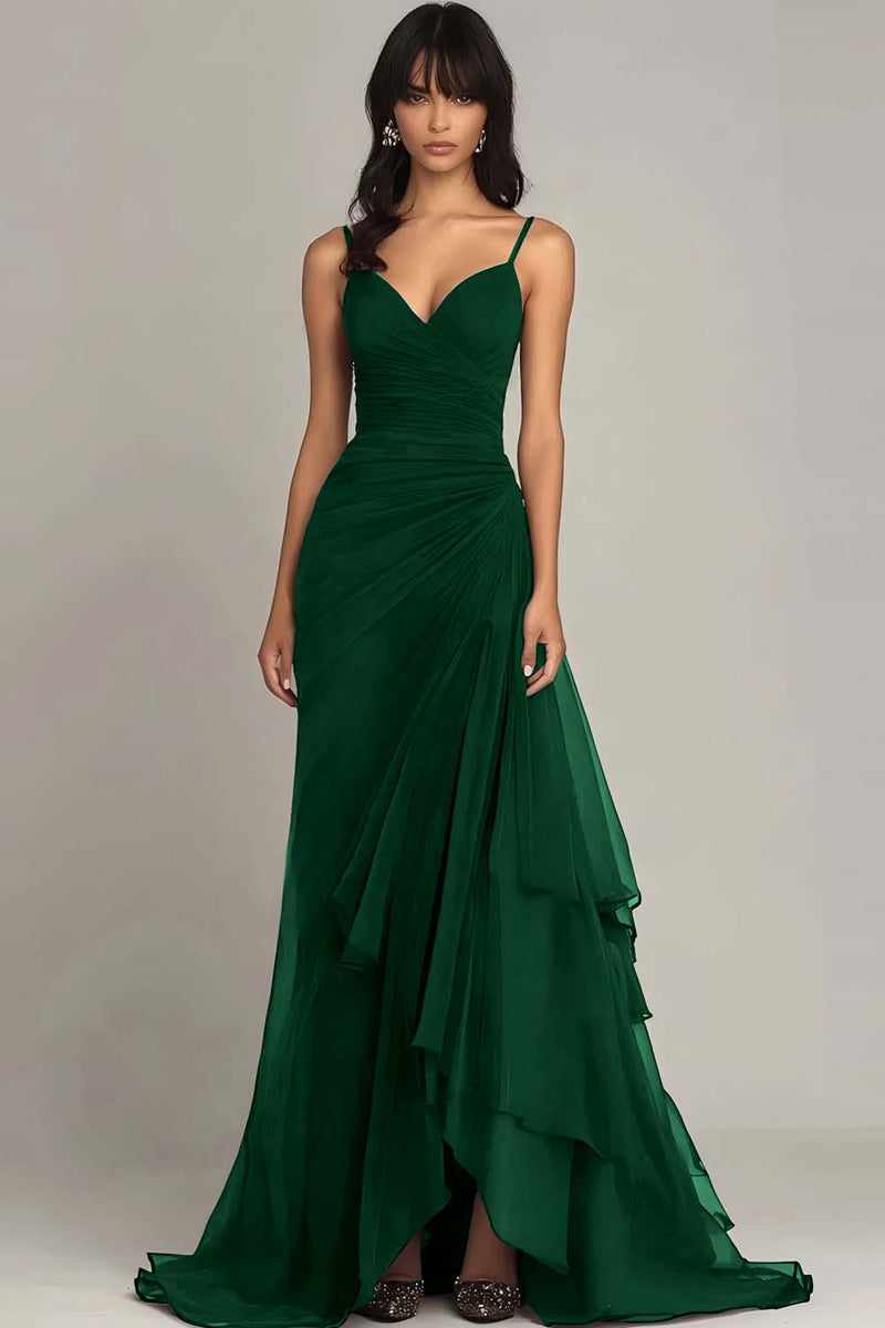 Load image into Gallery viewer, Dark Brown Spaghetti Straps Ruffled A Line Long Formal Dress
