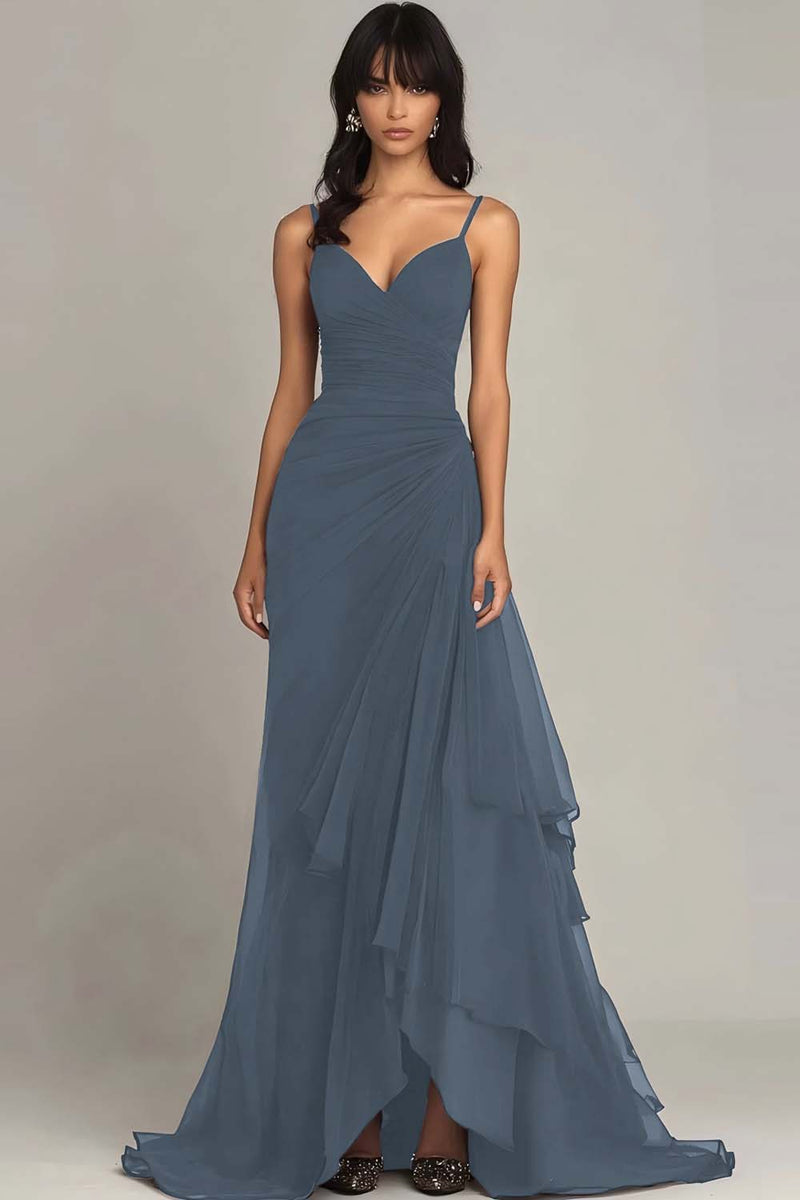 Load image into Gallery viewer, Dark Brown Spaghetti Straps Ruffled A Line Long Formal Dress