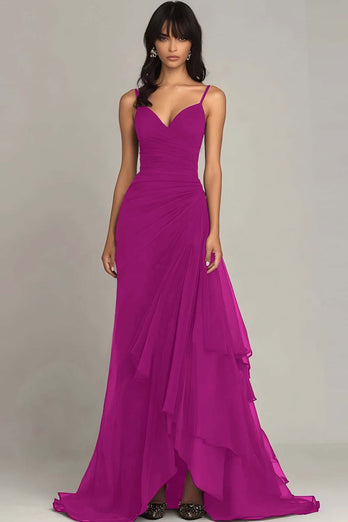 Dark Brown Spaghetti Straps Ruffled A Line Long Formal Dress