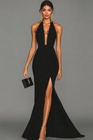 Load image into Gallery viewer, Black Halter Satin Mermaid Long Formal Dress with Slit