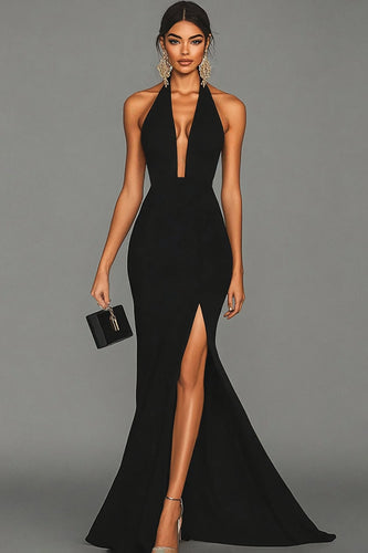 Black Halter Satin Mermaid Long Formal Dress with Slit