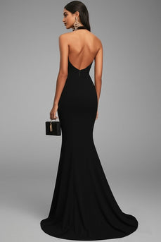 Black Halter Satin Mermaid Long Formal Dress with Slit