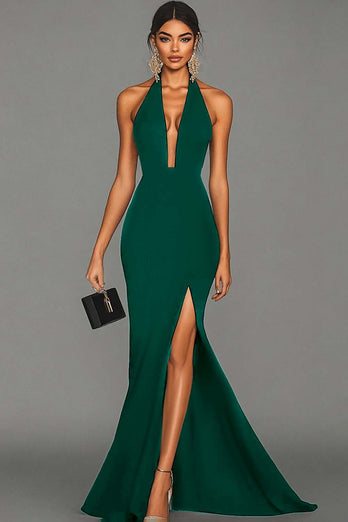 Black Halter Satin Mermaid Long Formal Dress with Slit