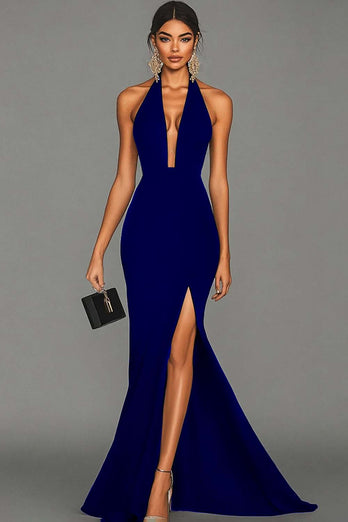 Black Halter Satin Mermaid Long Formal Dress with Slit
