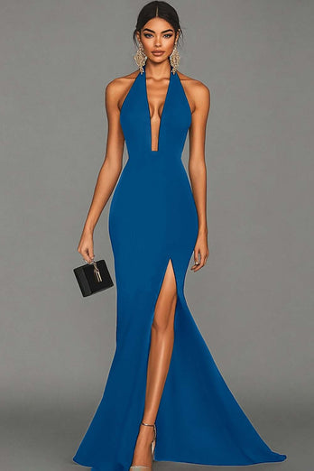 Black Halter Satin Mermaid Long Formal Dress with Slit
