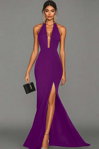 Black Halter Satin Mermaid Long Formal Dress with Slit