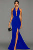Load image into Gallery viewer, Black Halter Satin Mermaid Long Formal Dress with Slit
