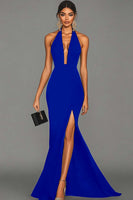 Load image into Gallery viewer, Black Halter Satin Mermaid Long Formal Dress with Slit