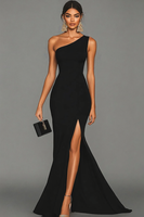 Load image into Gallery viewer, Black Mermaid One Shoulder Satin Long Formal Dress with Slit