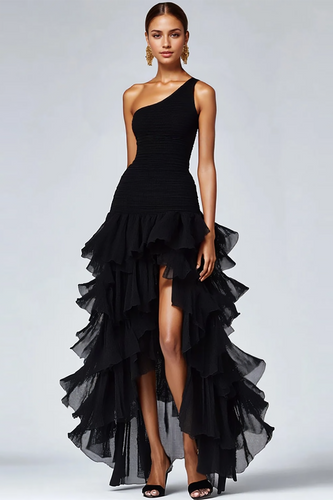 Black One Shoulder Ruffled High Low Formal Dress