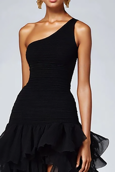 Black One Shoulder Ruffled High Low Formal Dress