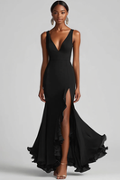 Load image into Gallery viewer, Black Chiffon Mermaid V Neck Long Formal Dress with Slit