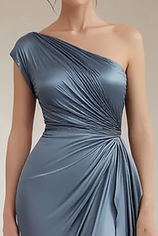 Grey Blue One Shoulder Sheath Ruched Long Formal Dress