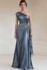 Load image into Gallery viewer, Grey Blue One Shoulder Sheath Ruched Long Formal Dress