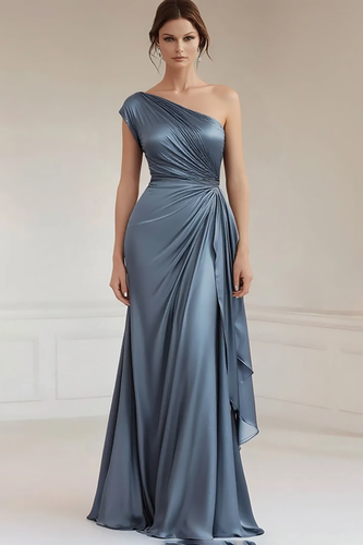 Grey Blue One Shoulder Sheath Ruched Long Formal Dress