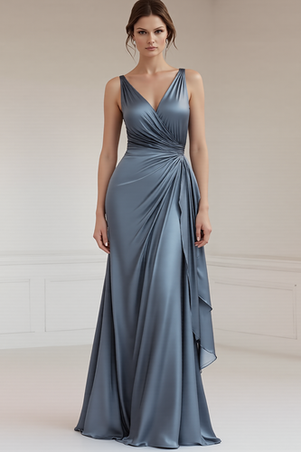 Grey Blue V-Neck Sheath Satin Ruched Long Formal Dress