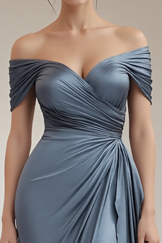 Grey Blue Off the Shoulder Sheath Satin Long Formal Dress