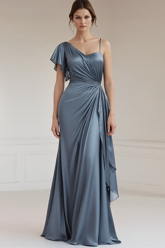 Grey Blue Satin Ruched Sheath Long Formal Dress