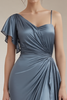 Load image into Gallery viewer, Grey Blue Satin Ruched Sheath Long Formal Dress