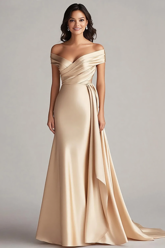Champagne Mermaid Long Satin Formal Dress with Ruffles Ruched Sweetheart Off the Shoulder Evening Dress
