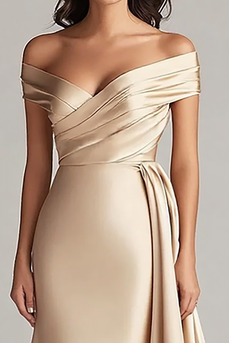 Champagne Off the Shoulder Mermaid Satin Long Formal Dress