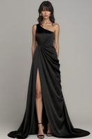 Load image into Gallery viewer, Black One Shoulder A Line Satin Ruched Long Formal Dress with Slit