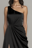Load image into Gallery viewer, Black One Shoulder A Line Satin Ruched Long Formal Dress with Slit