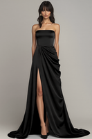 Load image into Gallery viewer, Black Strapless Satin A Line Long Formal Dress with Slit